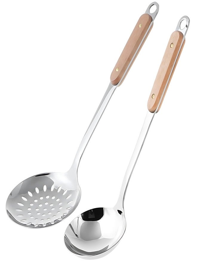 YOMITH Kitchen Cooking Utensils Set, 304 Stainless Steel Wooden Handle with Hanging Hook, Ladle Spoon Soup, Skimmer Colander, Cooking Spatula Set (Skimmer + LADLE) - Image 1